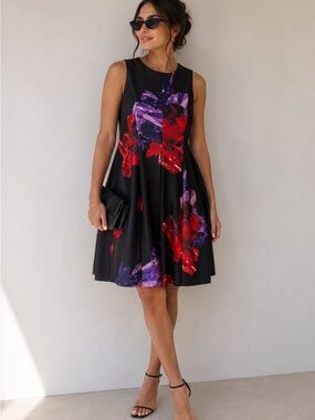 Calvin Klein Size 12 Floral Fit & Flare Cocktail Dress Black Purple Red